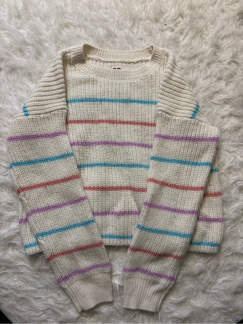 SO Cream Knit Sweater with Blue, Purple and Coral Stripes
